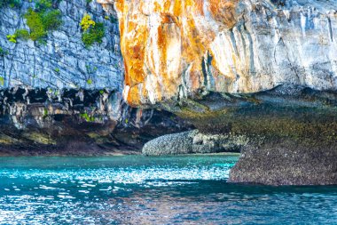 Koh Phi Phi adaları Ao Nang Yengeç Tayland ve Güneydoğu Asya 'daki kireçtaşı kayaları ve turkuaz su arasındaki güzel plaj lagünü manzarası.