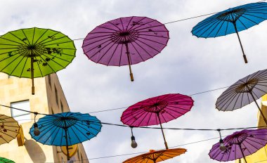 Colorful umbrellas over mexican China town in Mexico City Mexico.