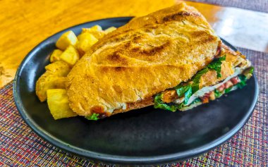 Playa del Carmen Quintana Roo Mexico 'da tavuklu ekmek, domates salatası ve patates kızartması..