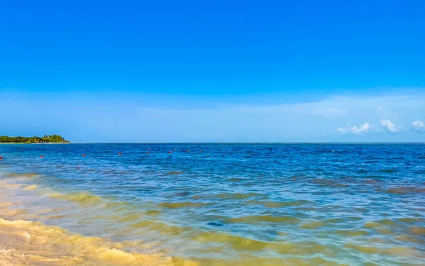 Playa del Carmen Meksika 'da turkuvaz mavisi berrak sulara sahip tropik Meksika Karayip sahili manzarası..