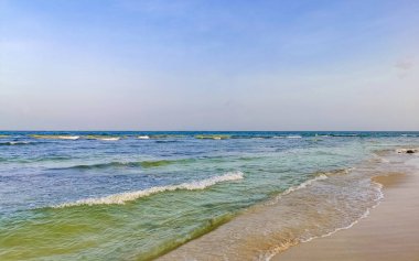 Playa del Carmen Meksika 'da turkuvaz mavisi berrak sulara sahip tropik Meksika Karayip sahili manzarası..