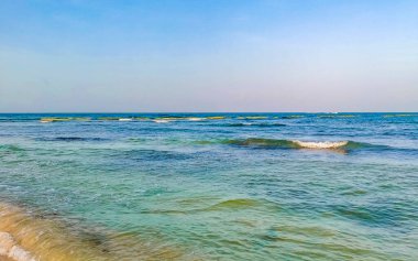 Playa del Carmen Meksika 'da turkuvaz mavisi berrak sulara sahip tropik Meksika Karayip sahili manzarası..