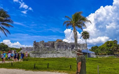 Tulum Quintana Roo Meksika 31. Temmuz 2023 'te Antik Tulum, Tulum Meksika' daki tropikal doğal orman palmiyeleri manzarasında tapınak kalıntıları ve eserlerle Maya bölgesini harap etti..