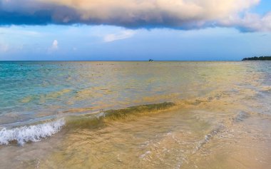 Playa del Carmen Meksika 'da turkuvaz mavisi berrak sulara sahip tropik Meksika Karayip sahili manzarası..
