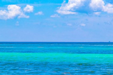 Playa del Carmen Meksika 'da turkuvaz mavisi berrak sulara sahip tropik Meksika Karayip sahili manzarası..