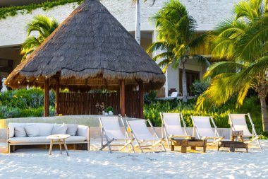 Palapa sazdan çatılar palmiye ağaçları şemsiyeler ve Playa del Carmen Meksika 'daki tropikal Meksika plajındaki sahil otelindeki güneş pansiyonları..