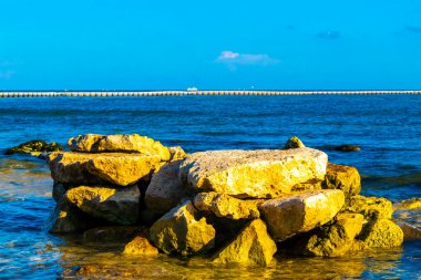Playa del Carmen Quintana Roo Meksika sahilindeki turkuaz yeşil ve mavi sularda kayalar ve mercanlar..