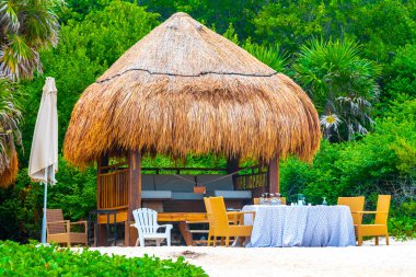 Palapa sazdan çatılar palmiye ağaçları şemsiyeler ve Playa del Carmen Meksika 'daki tropikal Meksika plajındaki sahil otelindeki güneş pansiyonları..