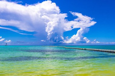 Playa del Carmen Mexico 'da turkuvaz mavisi tatil beldeleri ve palmiye ağaçları olan tropik Meksika Karayip plajı manzarası..