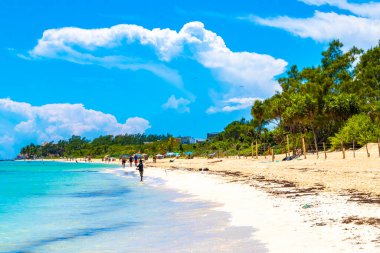 Playa del Carmen Quintana Roo Mexico 09. Eylül 2023 Tropikal Meksika Karayip plajı ve denizi çok eğlenceli insanlarla güneş şemsiyeleri Playa del Carmen Meksika 'da turkuaz su.