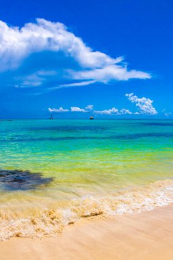 Playa del Carmen Mexico 'da turkuvaz mavisi tatil beldeleri ve palmiye ağaçları olan tropik Meksika Karayip plajı manzarası..