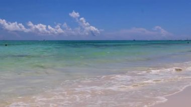 Playa del Carmen Mexico 'da turkuvaz mavisi tatil beldeleri ve palmiye ağaçları olan tropik Meksika Karayip plajı manzarası..