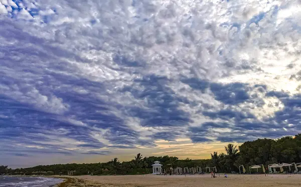 Playa del Carmen Mexico 'da turkuaz mavi su tatil beldeleri ve palmiye ağaçlarıyla tropikal Meksika Karayip Sahili manzarasında muhteşem ve renkli gün batımı..