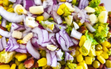 Vegetable dish soup with beans peas potatoes onions tomato and garlic on a white plate bowl with fork or spoon in Mexico.