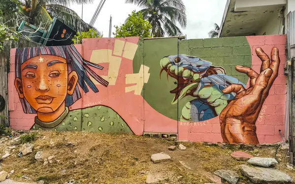 Playa del Carmen Quintana Roo Meksika 21. Nisan 2021 Playa del Carmen Meksika 'da resim ve grafitili sanatsal duvarlar.