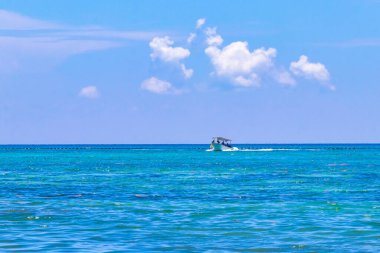 Playa del Carmen ve Cozumel Adası Meksika 'daki tropikal Meksika sahil manzarası ve turkuaz mavi sularında, Katamaran yat feribot iskelesi iskelesi ve limanı..