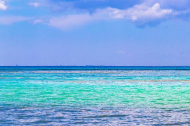 Playa del Carmen Mexico 'da turkuvaz mavisi tatil beldeleri ve palmiye ağaçları olan tropik Meksika Karayip plajı manzarası..