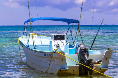 Playa del Carmen Quintana Roo Meksika 05. Ağustos 2023 Tekne yatı Catamaran feribot iskelesi ve limanı Playa del Carmen Mexico 'daki tropikal Meksika plaj manzarası ve turkuaz mavi su..