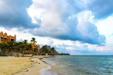 Playa del Carmen Mexico 'da turkuaz mavi su tatil beldeleri ve palmiye ağaçlarıyla tropikal Meksika Karayip Sahili manzarasında muhteşem ve renkli gün batımı..
