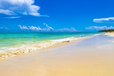 Playa del Carmen Mexico 'da turkuvaz mavisi tatil beldeleri ve palmiye ağaçları olan tropik Meksika Karayip plajı manzarası..