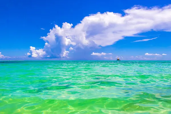 Playa del Carmen Mexico 'da turkuvaz mavisi tatil beldeleri ve palmiye ağaçları olan tropik Meksika Karayip plajı manzarası..