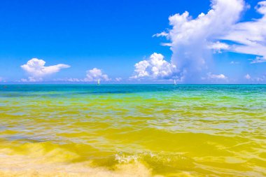 Playa del Carmen Mexico 'da turkuvaz mavisi tatil beldeleri ve palmiye ağaçları olan tropik Meksika Karayip plajı manzarası..