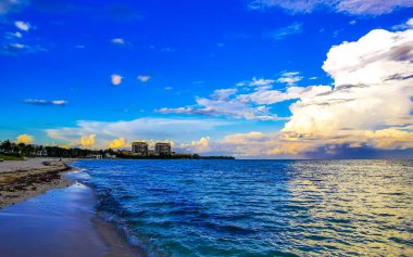 Playa del Carmen Mexico 'da turkuvaz mavisi tatil beldeleri ve palmiye ağaçları olan tropik Meksika Karayip plajı manzarası..