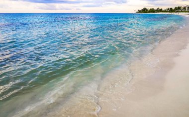 Playa del Carmen Mexico 'da turkuvaz mavisi tatil beldeleri ve palmiye ağaçları olan tropik Meksika Karayip plajı manzarası..