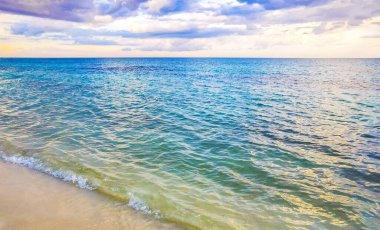Playa del Carmen Mexico 'da turkuvaz mavisi tatil beldeleri ve palmiye ağaçları olan tropik Meksika Karayip plajı manzarası..