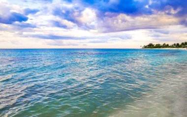 Playa del Carmen Mexico 'da turkuvaz mavisi tatil beldeleri ve palmiye ağaçları olan tropik Meksika Karayip plajı manzarası..