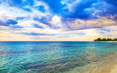 Playa del Carmen Mexico 'da turkuvaz mavisi tatil beldeleri ve palmiye ağaçları olan tropik Meksika Karayip plajı manzarası..