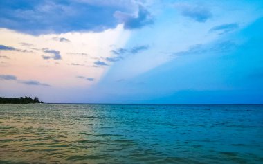 Playa del Carmen Mexico 'da turkuvaz mavisi tatil beldeleri ve palmiye ağaçları olan tropik Meksika Karayip plajı manzarası..