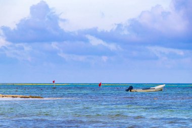 Playa del Carmen ve Cozumel Adası Meksika 'daki tropikal Meksika sahil manzarası ve turkuaz mavi sularında, Katamaran yat feribot iskelesi iskelesi ve limanı..