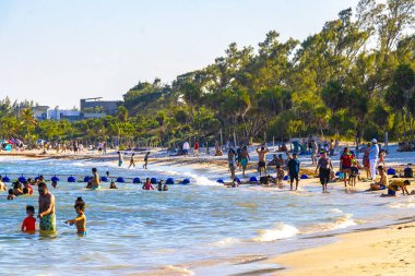 Playa del Carmen Quintana Roo Meksika 05. Ağustos 2023 Tropikal Meksika Karayip plajı ve denizi çok eğlenceli insanlarla güneş şemsiyeleri Playa del Carmen Meksika 'da turkuaz su.