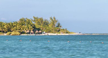 Playa del Carmen Quintana Roo Meksika 05. Ağustos 2023 Tropikal Meksika Karayip plajı ve denizi çok eğlenceli insanlarla güneş şemsiyeleri Playa del Carmen Meksika 'da turkuaz su.
