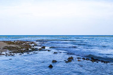 Playa del Carmen Quintana Roo Meksika sahilindeki turkuaz yeşil ve mavi sularda kayalar ve mercanlar..
