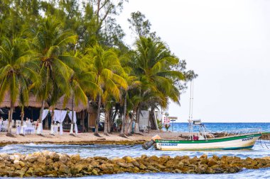 Playa del Carmen Quintana Roo Meksika 14. 2023 Ağustos 'unda, Punta Xcalacoco Playa del Carmen' deki tropikal Meksika plaj manzarası ve turkuaz mavi sularında, Katamaran yat vapuru iskelesi ve limanı..