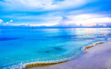 Playa del Carmen Mexico 'da turkuvaz mavisi tatil beldeleri ve palmiye ağaçları olan tropik Meksika Karayip plajı manzarası..