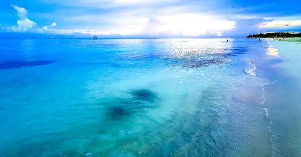 Panorama Tropical Playa Caribeña Mexicana Con Balnearios Palmeras Playa Del —  Fotos de Stock