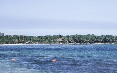 Playa del Carmen Mexico 'da turkuvaz mavisi tatil beldeleri ve palmiye ağaçları olan tropik Meksika Karayip plajı manzarası..