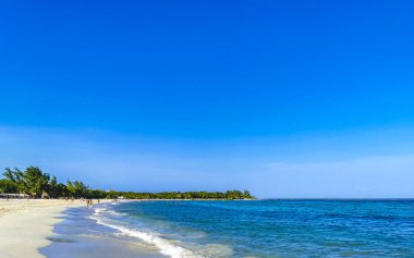 Playa del Carmen Mexico 'da turkuvaz mavisi tatil beldeleri ve palmiye ağaçları olan tropik Meksika Karayip plajı manzarası..