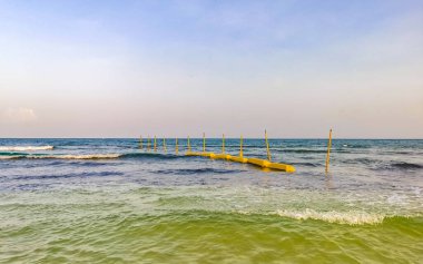 Playa del Carmen Mexico 'da turkuvaz mavisi tatil beldeleri ve palmiye ağaçları olan tropik Meksika Karayip plajı manzarası..