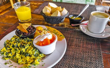 Meksika kahvaltısı çırpılmış yumurta, ıspanak meyvesi ve patatesle birlikte Playa del Carmen Quintana Roo Meksika 'da beyaz tabakta güzelce hazırlandı..