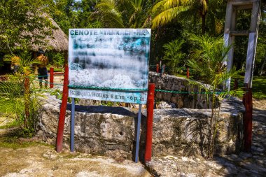 Tulum Quintana Roo Meksika 01. Ekim 2023 Cenote Tankach Ha Tankçılığa Giriş Kireç taşı kayaları ve mavi turkuaz su ile Coba Belediyesi Tulum Quintana Roo Mexico.