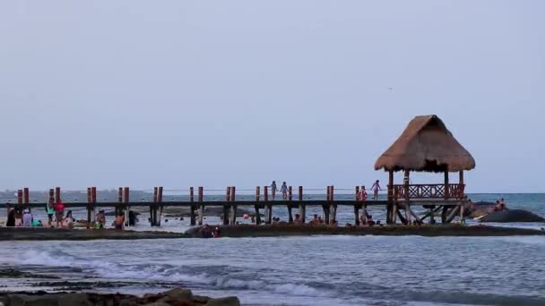 プラヤ カルメン キンタナ メキシコ 8月2023 トロピカルメキシコのカリブ海のビーチ風景パノラマ明確なターコイズブルーウォーターとパラパバンガローとプラヤXcalacocoプラヤデルカルメンメキシコ — ストック動画