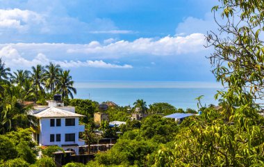Beautiful tropical and natural city and seascape landscape panorama view with pacific ocean sea palms palm trees and beach with waves of Zicatela Puerto Escondido Oaxaca Mexico.