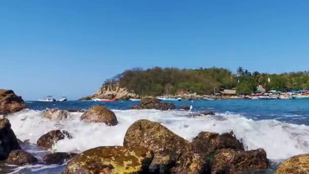 Puerto Escondido Oaxaca Meksyk Marzec 2023 Przystań Łodzie Palmami Skały — Wideo stockowe