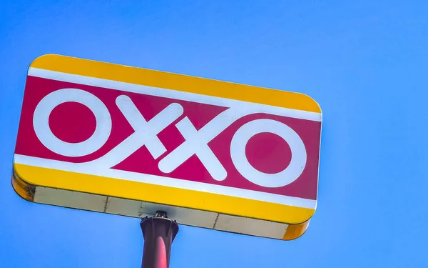 Пуэрто Эскондидо Оахака Мексика Февраль 2023 Логотип Супермаркета Oxxo Голубое Стоковое Изображение