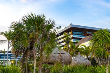 Playa del Carmen Quintana Roo Mexico 'daki Karayipler' deki büyük tatil ve otel kompleksi deniz ve palmiye ağaçları.