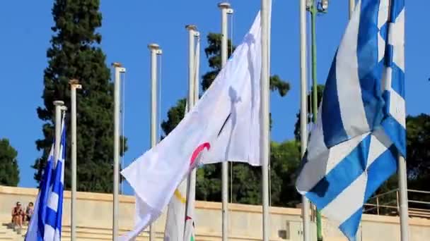 Aten Attika Grekland Oktober 2018 Olympic Och Grekland Flaggor Den — Stockvideo